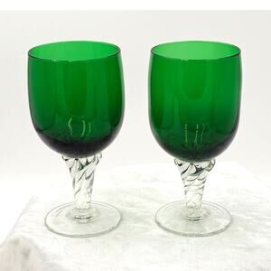Pair of Vintage 60s Empoli Italian Hand Blown Emerald Green Glasses